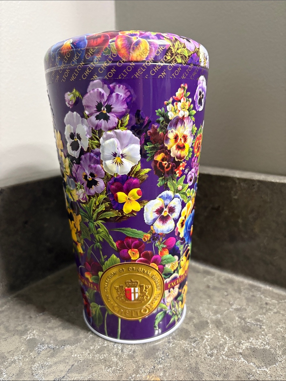 Ceylon Black Tea by Chelton. Purple Floral Decorative Tin Canister - Pansy Motif
